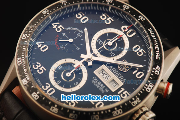Tag Heuer Carrera Calibre 16 Chronograph Swiss Valjoux 7750 Automatic Movement Titanium Case with Black Dial and Black Leather Strap - Click Image to Close